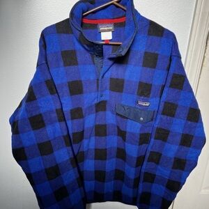 Patagonia Synchilla Blue Buffalo Plaid Mens Fleece T Snap Size L - men’s large